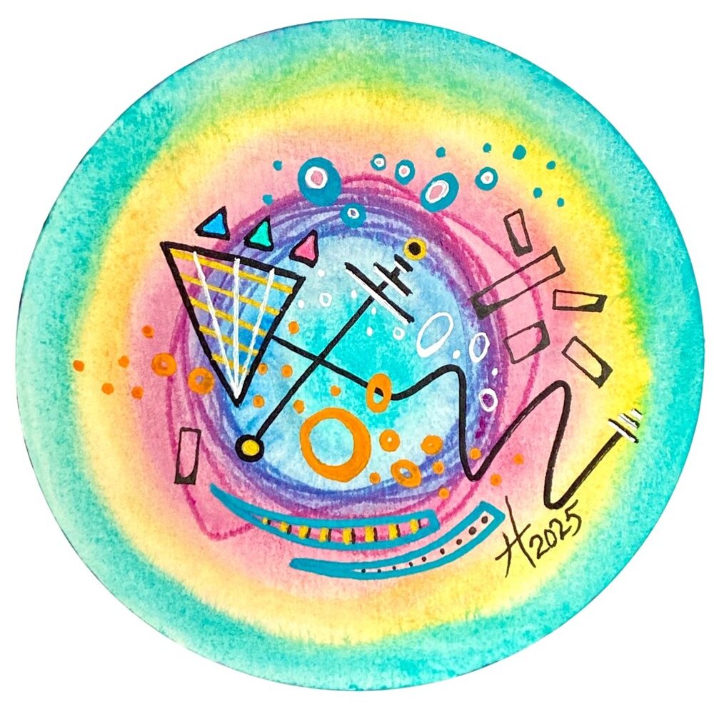 Art Original That Way Watercolor Mix Media Painting Round Artwork 6.4in Diameter